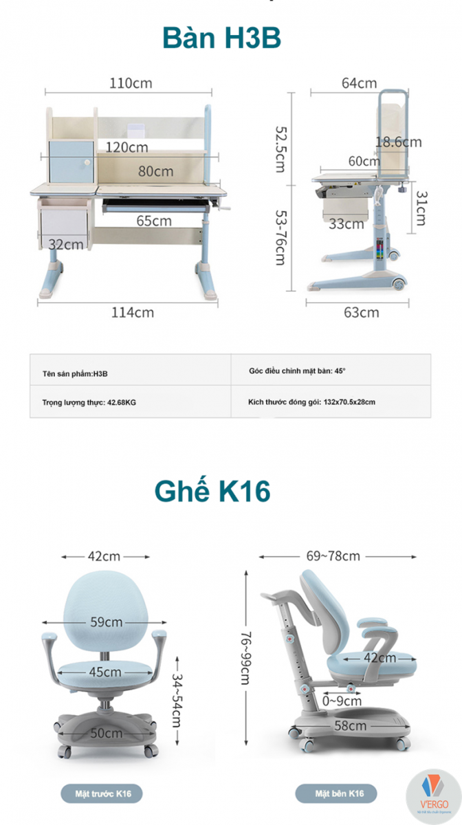 Thông tin cơ bản của bộ bàn học thông minh: Bàn H3B + Ghế K16